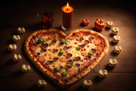 pizza heart shape with love hearts on top and a candle for a romantic dinner for two., created with generative aiの素材