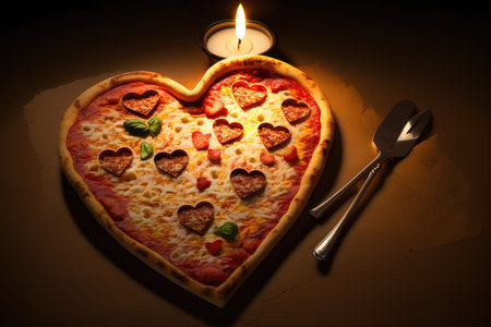 pizza heart shape with love hearts on top and a candle for a romantic dinner for two., created with generative aiの素材