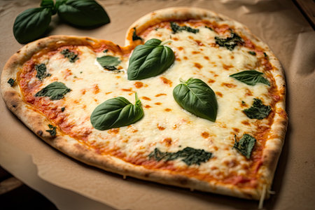close-up of a heart-shaped pizza with melted cheese and fresh basil, ready to be devoured., created with generative aiの素材