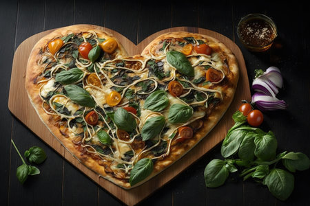 a heart-shaped pizza with artfully arranged toppings, such as fresh basil, caramelized onions and a drizzle of balsamic glaze., created with generative aiの素材