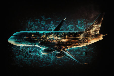 transcontinental jet aircraft at night commercial flight double exposure, created with generative aiの素材