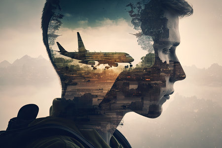 passenger traveling by plane flights double exposure, created with generative aiの素材