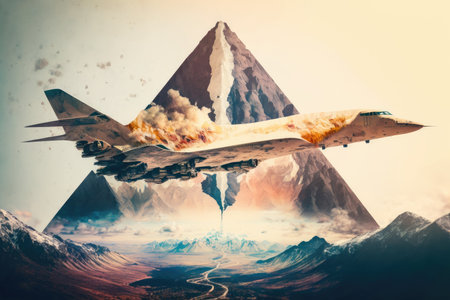 flying concorde aircraft in front of mountains double exposure, plane flights double exposure, created with generative aiの素材