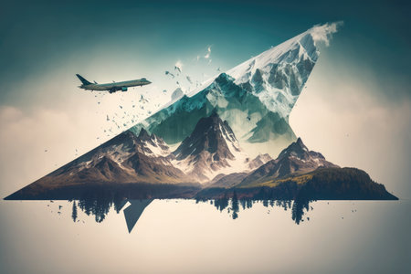 flying concorde aircraft in front of mountains double exposure, plane flights double exposure, created with generative aiの素材