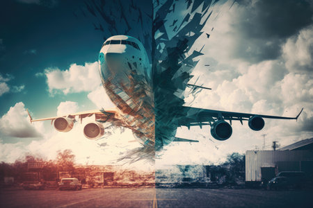 sky flight of plane to airport double exposure, created with generative aiの素材