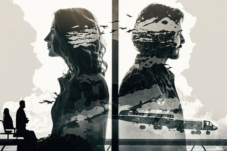 two people waiting for their plane flights double exposure, created with generative aiの素材