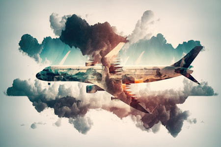 double exposure of flying jet plane flights over cloudscape, created with generative aiの素材