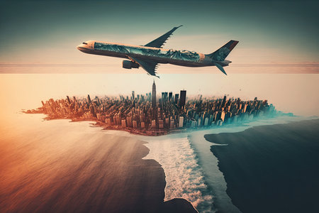 double exposure of journey by plane flights to city over ocean, created with generative aiの素材