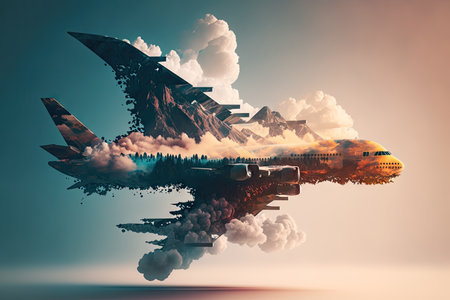 double exposure aircraft flying over clouds, plane flights concept, created with generative aiの素材