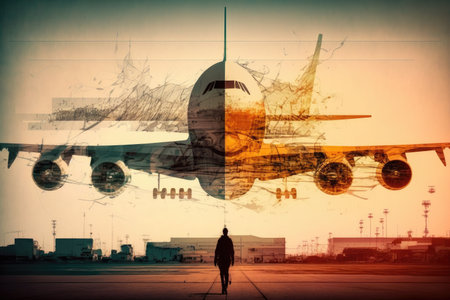 aviation and flight on runway takeoff airplane flights double exposure, created with generative aiの素材