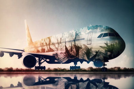 commercial liner at airport, plane flights double exposure, created with generative aiの素材