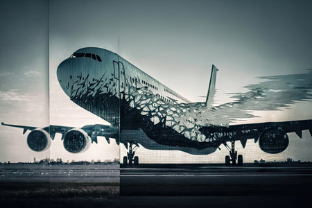 commercial liner at airport, plane flights double exposure, created with generative aiの素材