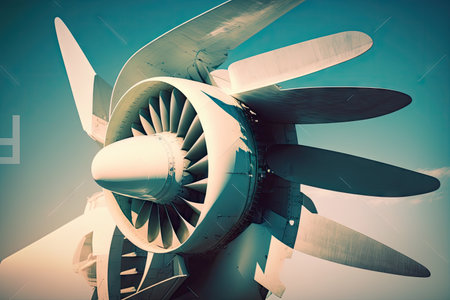 flying commercial airplane propeller blades double exposure over blue sky background, created with generative aiの素材