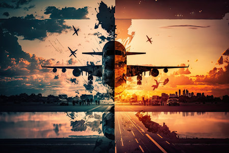 double exposure over runway of plane flights takeoff against sunset background, created with generative aiの素材