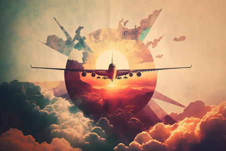 double exposure plane flights flying above clouds and sun in sky, created with generative aiの素材