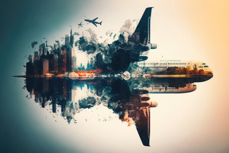 long haul international flights double exposure, created with generative aiの素材