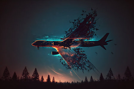 flying planes at night time for long distance aircraft flights double exposure, created with generative aiの素材