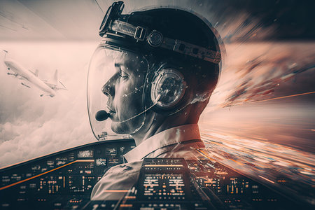double exposure of pilot in cockpit and plane flights to airport during takeoff, created with generative aiの素材
