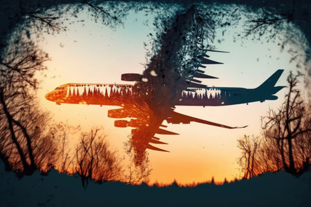 flying aircraft in winter at sunset, plane flights double exposure, created with generative aiの素材