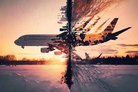 flying aircraft in winter at sunset, plane flights double exposure, created with generative aiの素材