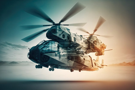 copter flying in speed travel to future response anticipation concept, plane flights double exposure, created with generative aiの素材