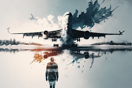 double exposure, aircraft take-off and landing at airport in snow from above, plane flights double exposure, created with generative aiの素材