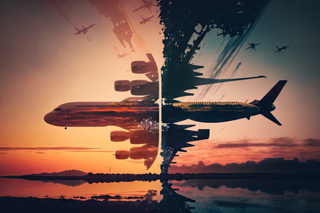 passenger aircraft flying at sunset, plane flights double exposure, created with generative aiの素材