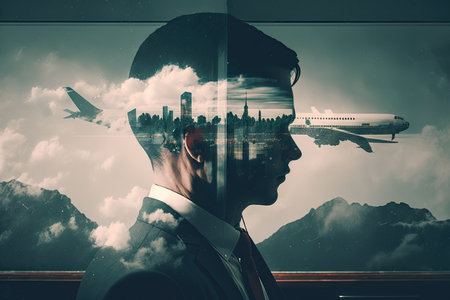 businessman traveling by plane flights double exposure, created with generative aiの素材