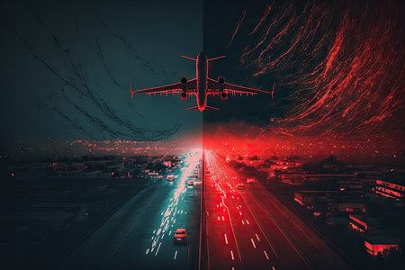 night flights with red lights over airport, plane flights double exposure, created with generative aiの素材