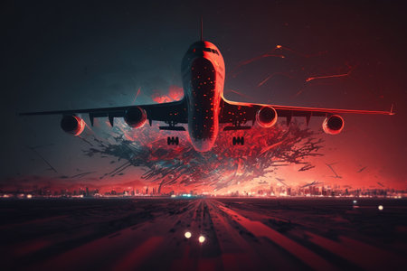 night flights with red lights over airport, plane flights double exposure, created with generative aiの素材
