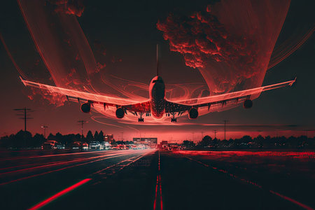 night flights with red lights over airport, plane flights double exposure, created with generative aiの素材