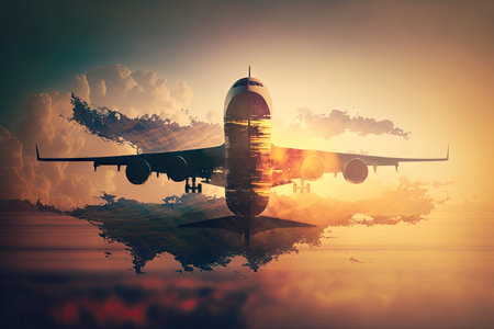 double exposure of airliner flying over clouds against backdrop of setting sun, plane flights double exposure, created with generative aiの素材