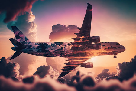 double exposure of airliner flying over clouds against backdrop of setting sun, plane flights double exposure, created with generative aiの素材