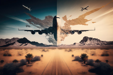 plane flights double exposure flying aircraft over desert landscape, created with generative aiの素材