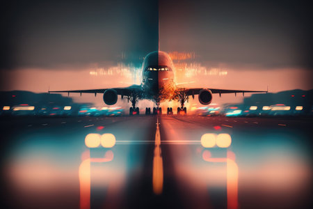 double exposure of plane on runway at airport in blurred scenery lights and shades double flights plane flights, created with generative aiの素材