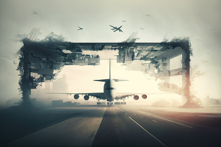 empty airport runway plane flights double exposure, created with generative aiの素材