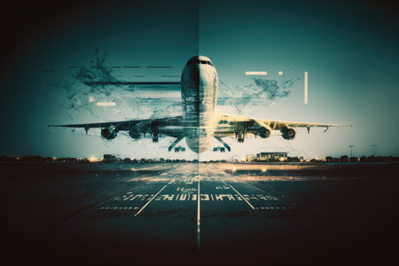 empty airport runway plane flights double exposure, created with generative aiの素材