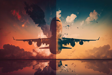 double exposure of plane flights on orange sky with sunset clouds, created with generative aiの素材