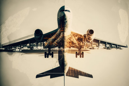 overhead view commercial plane flight on runway double exposure, created with generative aiの素材