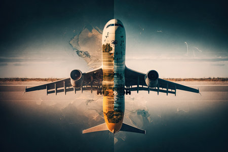 overhead view commercial plane flight on runway double exposure, created with generative aiの素材