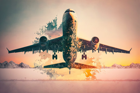 double exposure modern jet airliner taking off on snow against sunset background plane flights, created with generative aiの素材