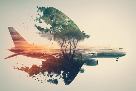 airline travel around world flight by plane double exposure, created with generative aiの素材