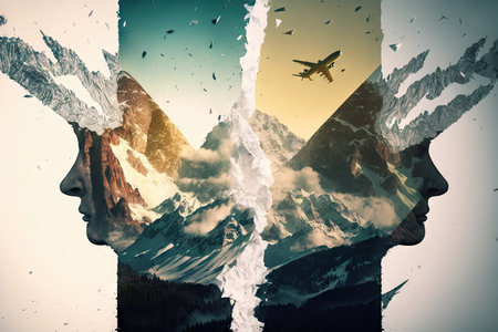 airplane flights double exposure flight over snow-capped mountains, created with generative aiの素材