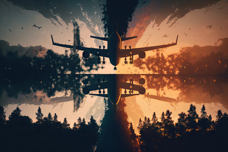 double exposure image of plane flights against sunset sky, created with generative aiの素材