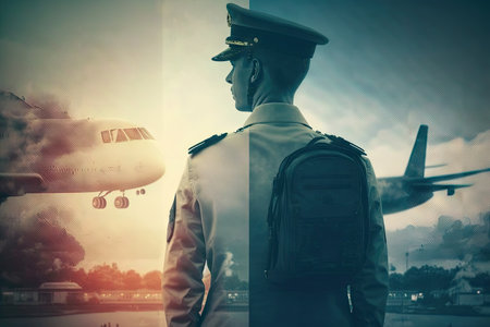 pilot uniform at airport with luggage, travel concept double exposure plane flights, created with generative aiの素材