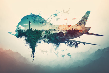 freedom travel airplane in sky double exposure background, created with generative aiの素材