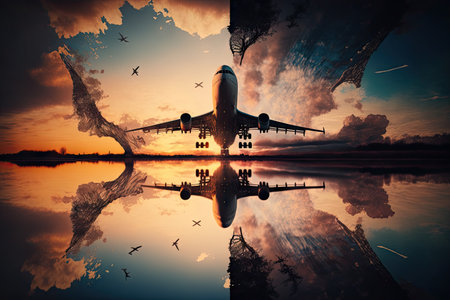 landing plane flights against beautiful sunset double exposure, created with generative aiの素材