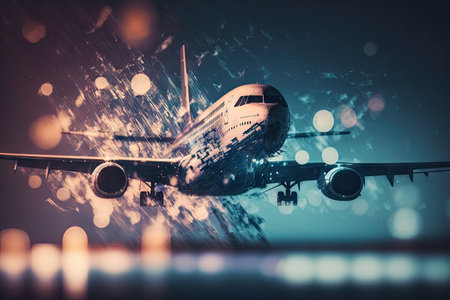 double exposure of small passenger plane flights on blurred background, created with generative aiの素材