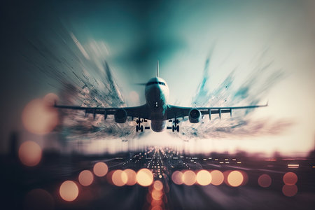 double exposure of small passenger plane flights on blurred background, created with generative aiの素材