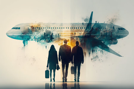 passengers boarding business plane flights double exposure, created with generative aiの素材
